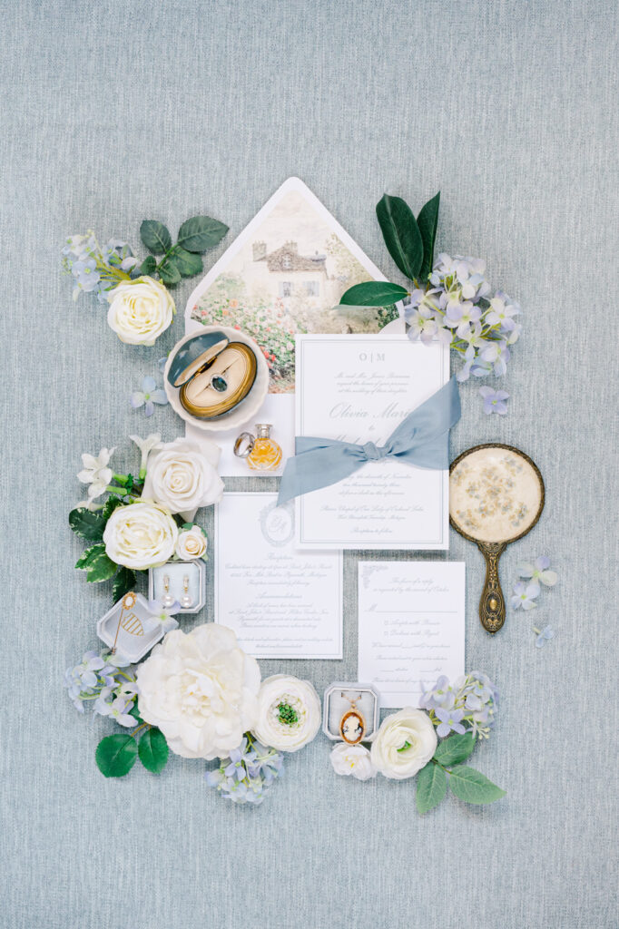 blue and white wedding invitation suite
